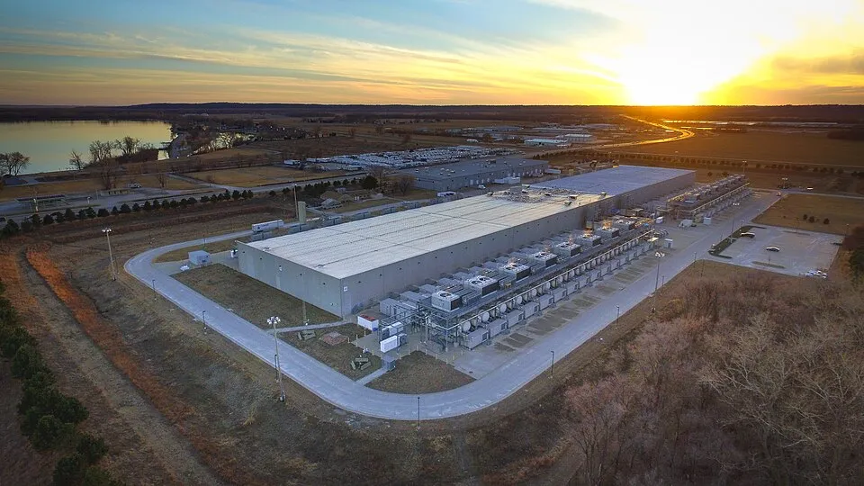 An aerial view of Google's data centre in Council Bluffs, Iowa, at sunset