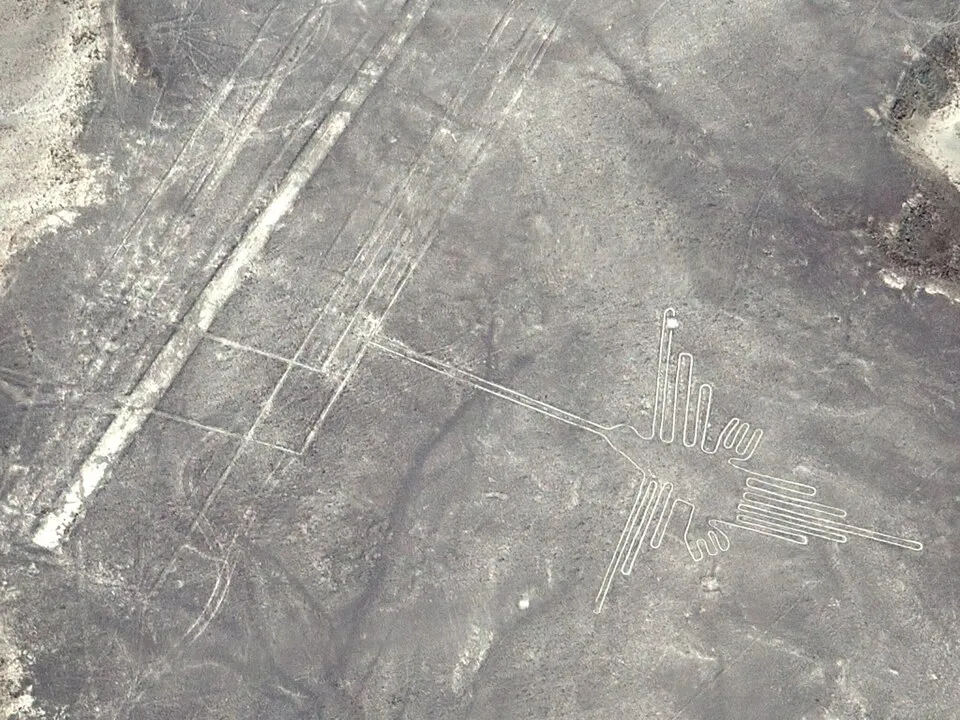The giant hummingbird figure of the Nazca Lines seen from the air