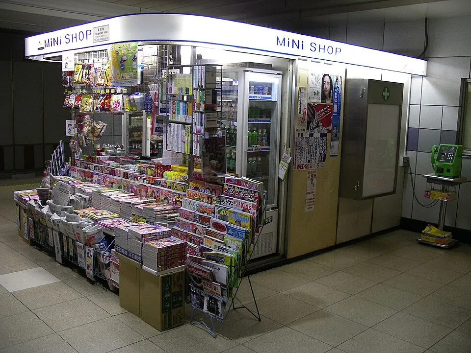 A news kiosk in Tokyo packed with colourful newspapers and magazines