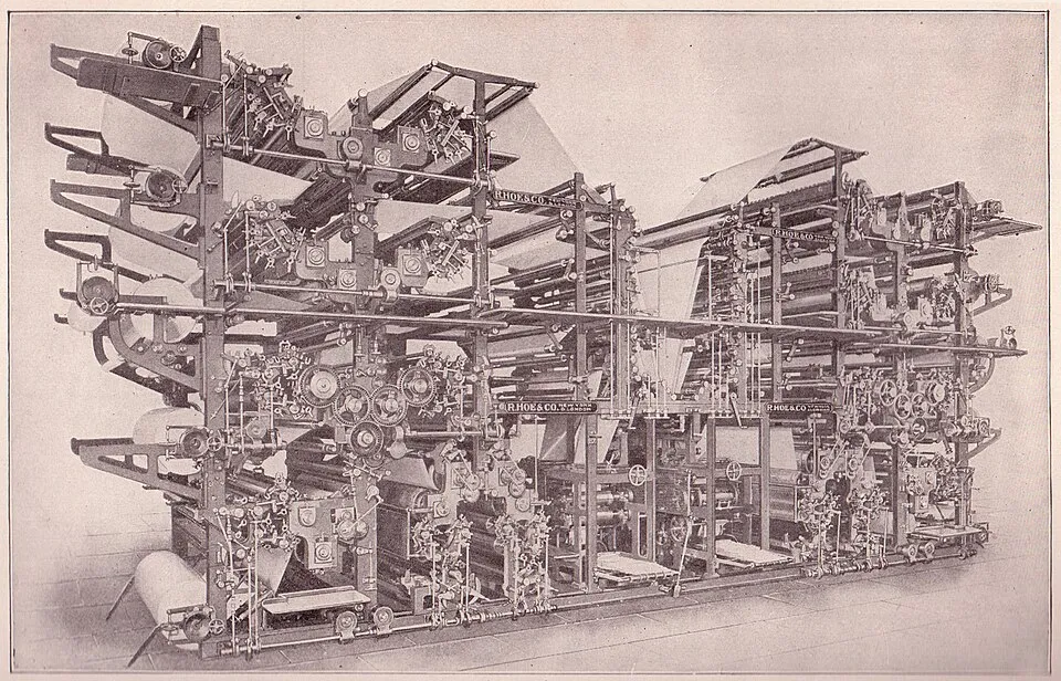 An old engraving of a giant newspaper printing press