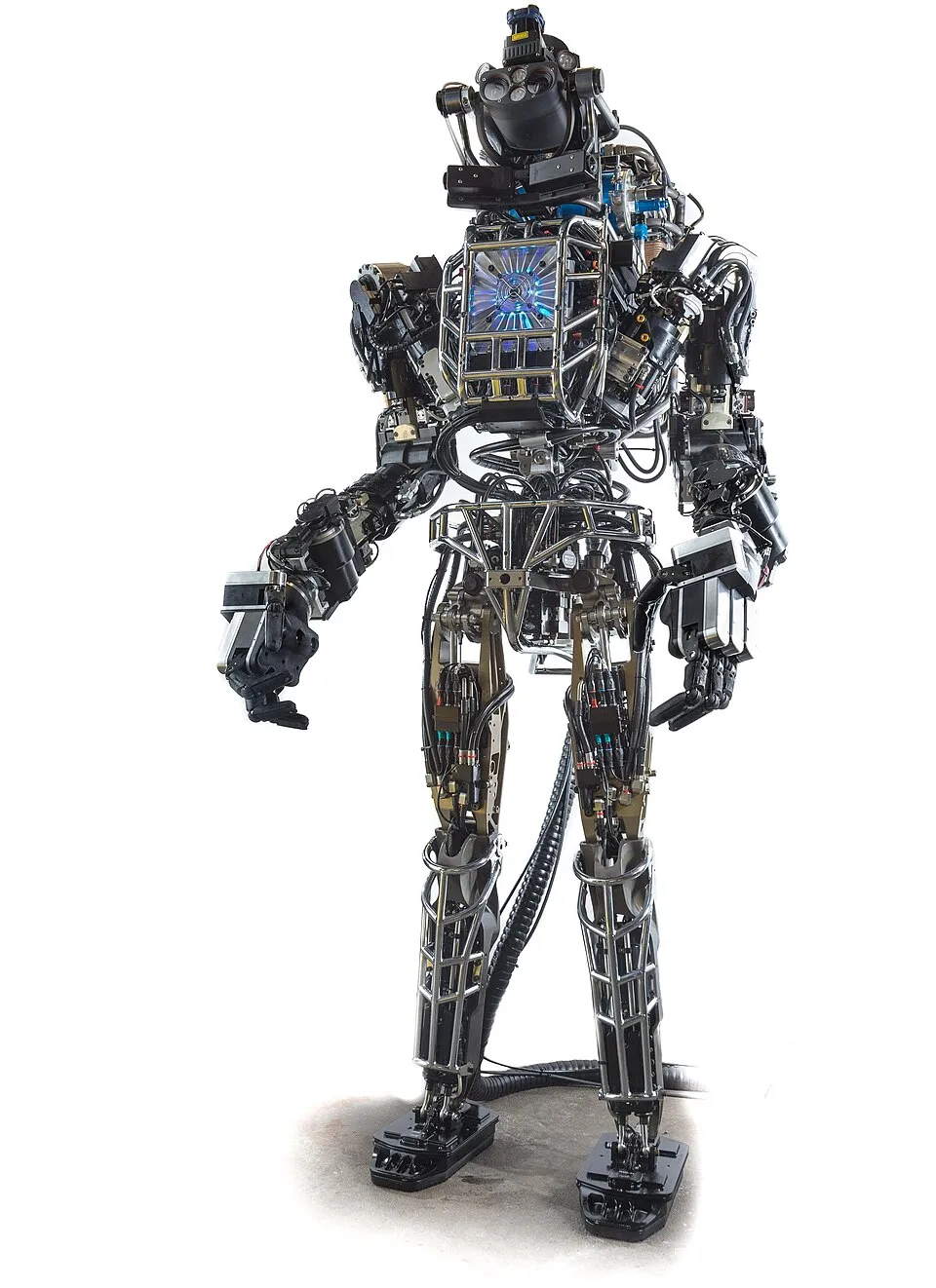 The 2013 Atlas humanoid robot, covered in hydraulic tubes and metal