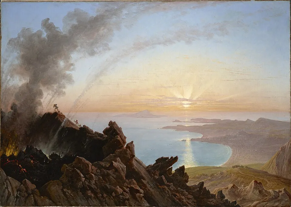 Painting of Mount Vesuvius smoking above the Bay of Naples